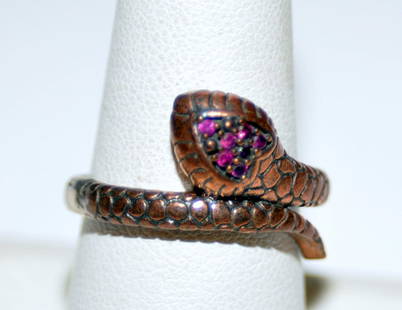 Sterling ring cobra rubies: Sterling vermeil ring with cobra design and red rubies prong set in top of head-about size 8 1/2