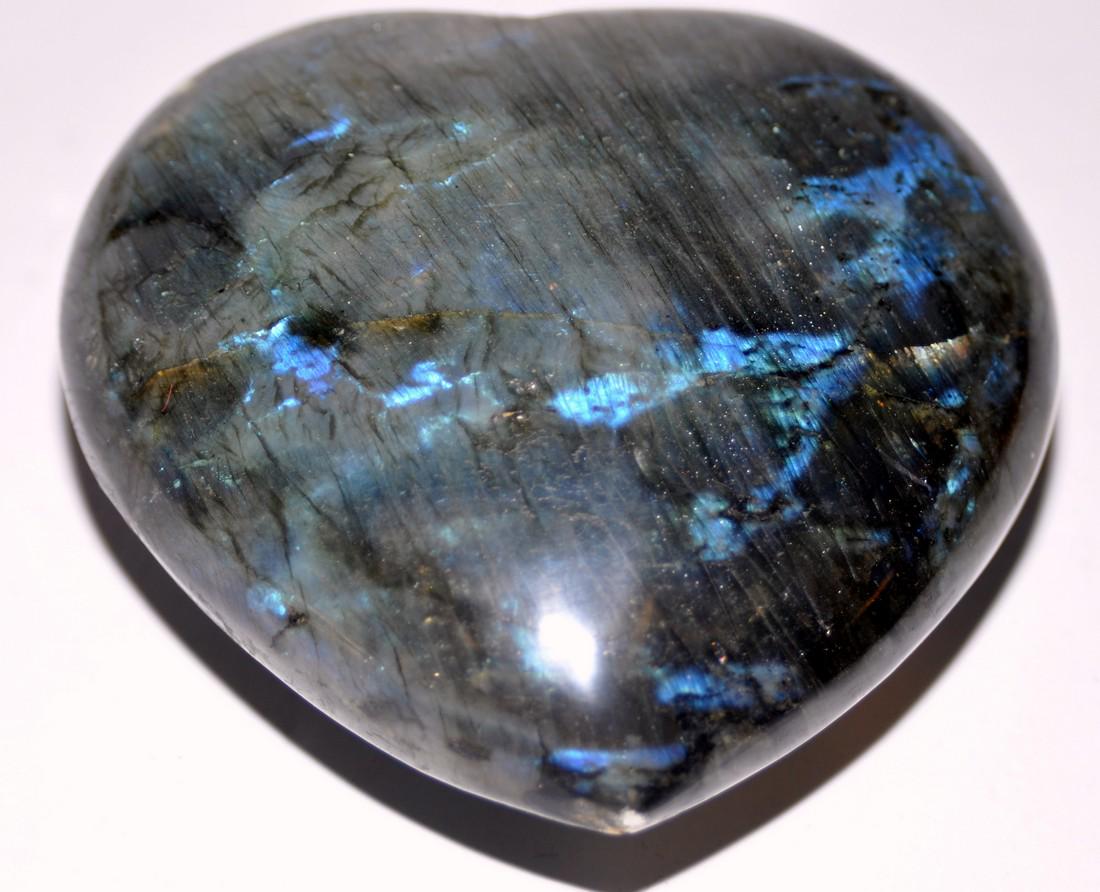 Heart labradorite paperweight carved: Labradorite color changing gemstone hand carved into heart paperweight with magnificent iridescent color -about 4 inches diameter