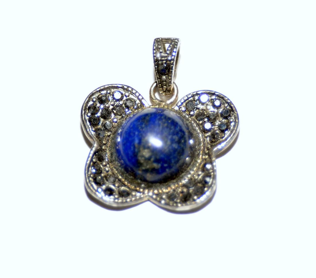 Marcasite butterfly pendant 12 mm: Cabochon lapis lazuli central stone with marcasite butterfly setting - pendant is ready to wear