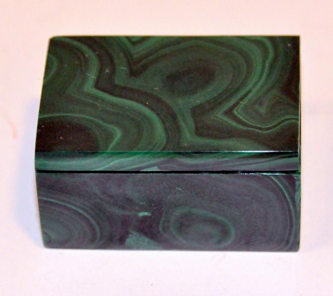 Malachite box green polished: Mineral malachite hand made box with fitted top approximately 2 x 1 3/8 inches in excellent condition with green swirl natural pattern in the natural mineral malachite