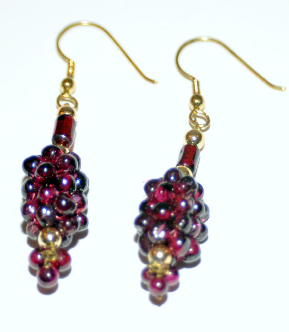 Garnet earrings grape cluster: Garnet beads designed into grape cluster design earrings on French wires