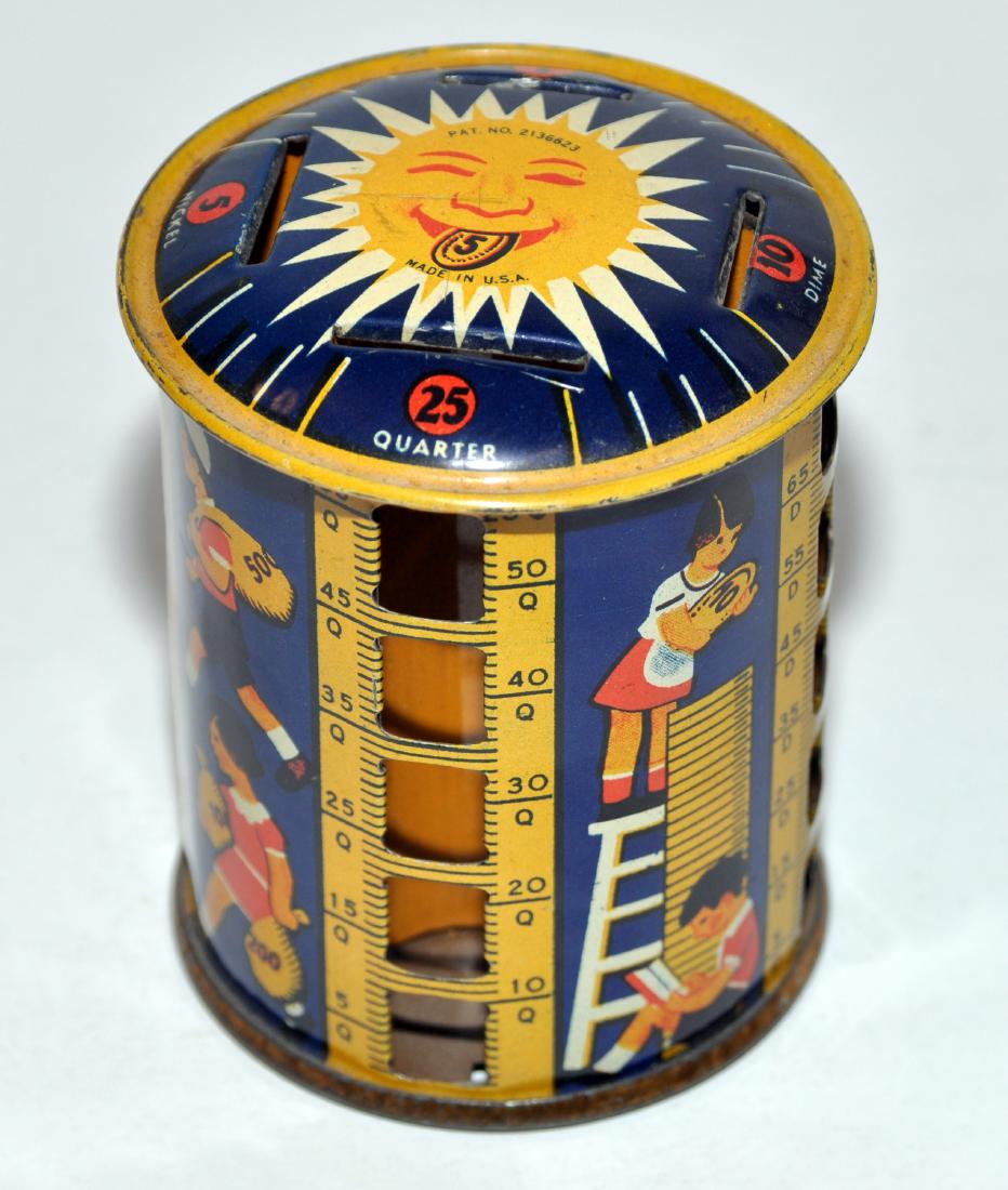 Vintage Louis Kriegsfeld tin litho bank: Vintage Louis Kriegsfeld rotating tin litho coin bank patented 1938 - 4 internal tubes for pennies, nickels, dimes, quarters made in USA -vivid factory colors - pristine condition - no dents or scratc