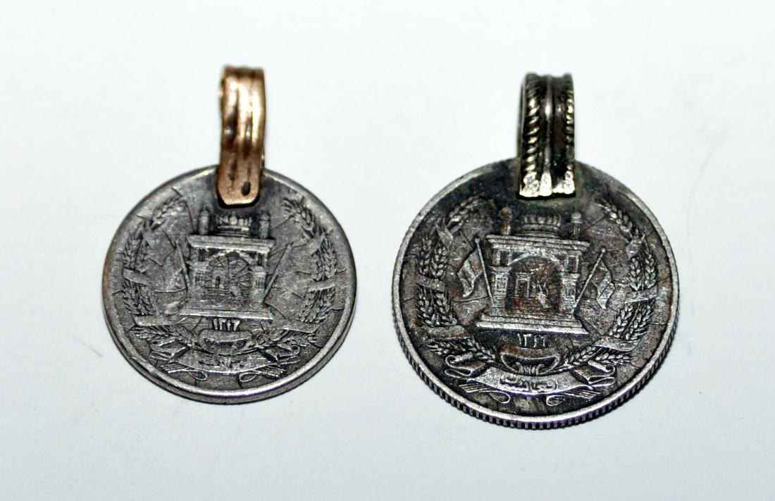 2 coin pendants/ Arabic coins: Silver coin pendants - early Arabic coins custom mounted - about size of quarter on larger one