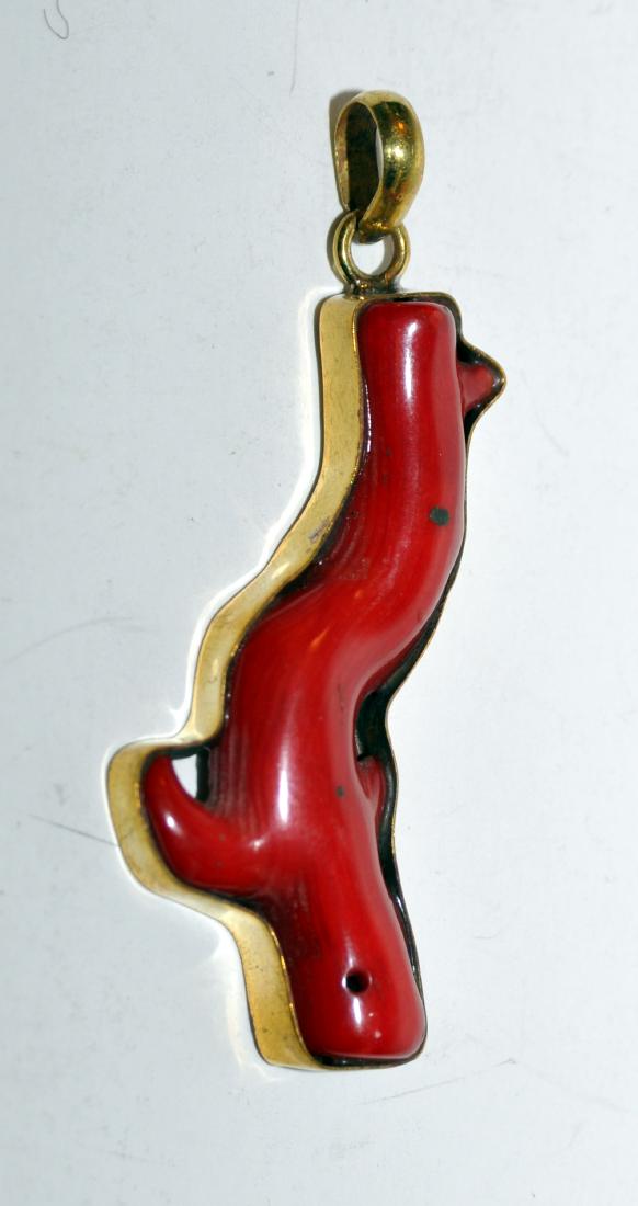 Coral pendant bezel set Chinese: Red coral facure branch pendant set in gold color setting- most likely Chinese possibly Mongolian dyed red as typical of their tradition- about 2 3/4 inches