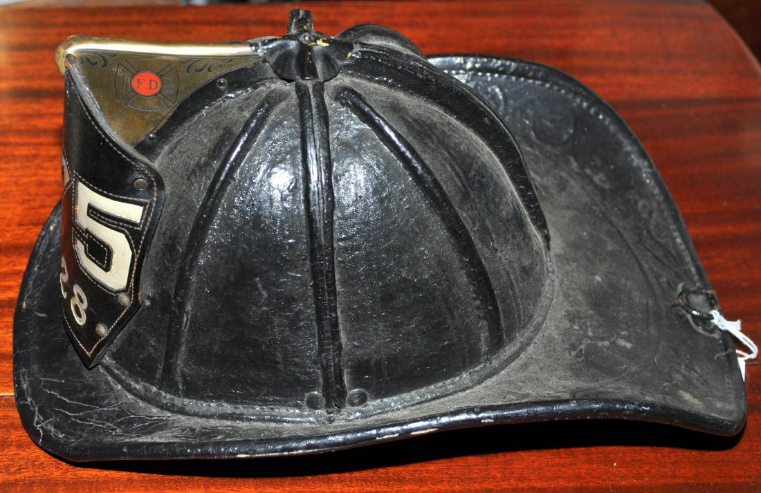 Vintage fire helmet NYC: Fire helmet- leather old embossed NYC Fire Department