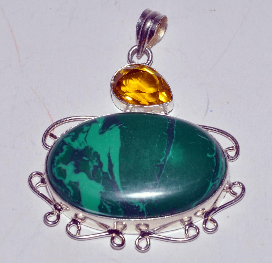 Malachite citrine pendant sterling: Malachite cabochon sterling pendant marked sterling bezel set custom with citrine -about 1 1/2 x 1 inches