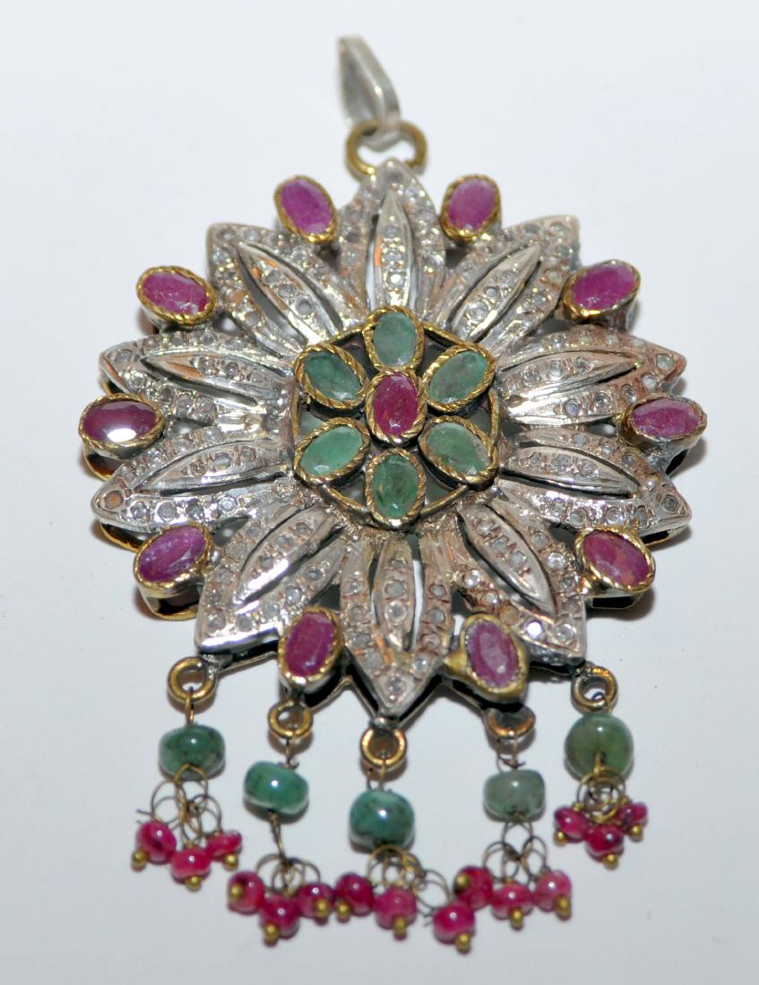 Sterling pendant rubies, emeralds: Sterling ruby, emerald pendant mogul style - all bezel set emeralds, rubies - great workmanship - vermeil sterling sunburst traditional pendant - approx 17 rubies and emeralds with additional emerald,