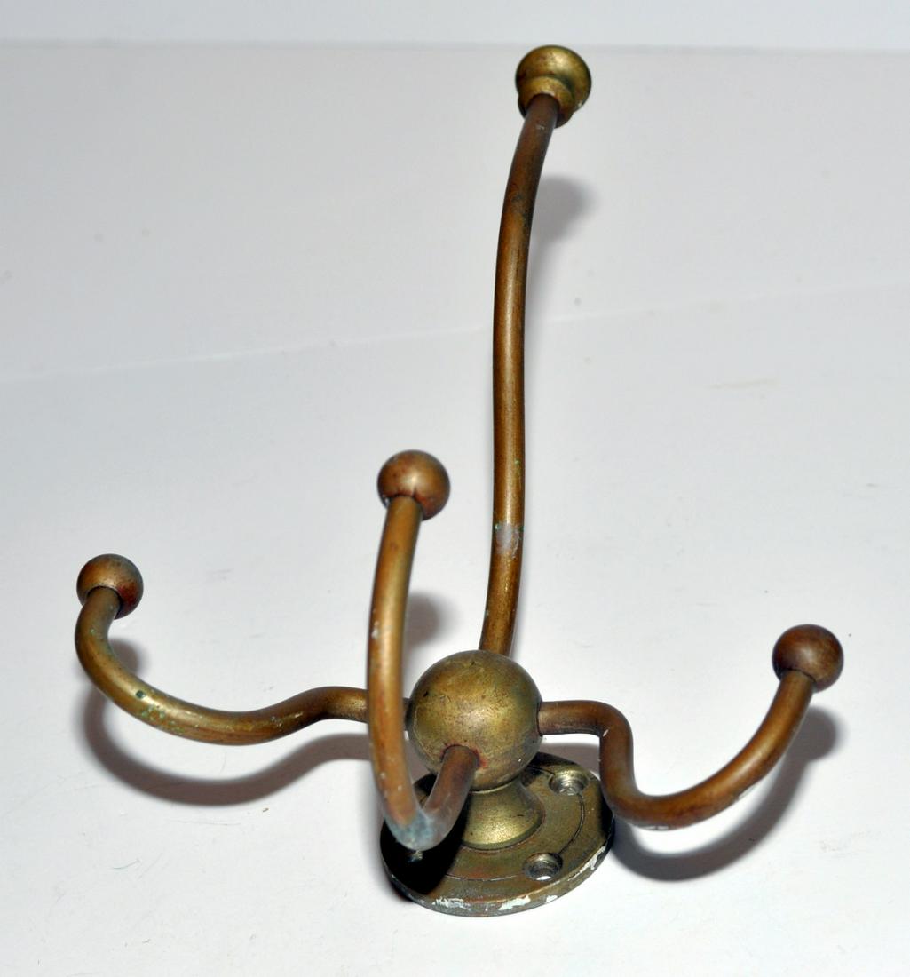 Vintage coat /hat wall hook: 4 hanger coat /hat wall rack, 19th c brass quadruple hook - about 10 x 7 inches