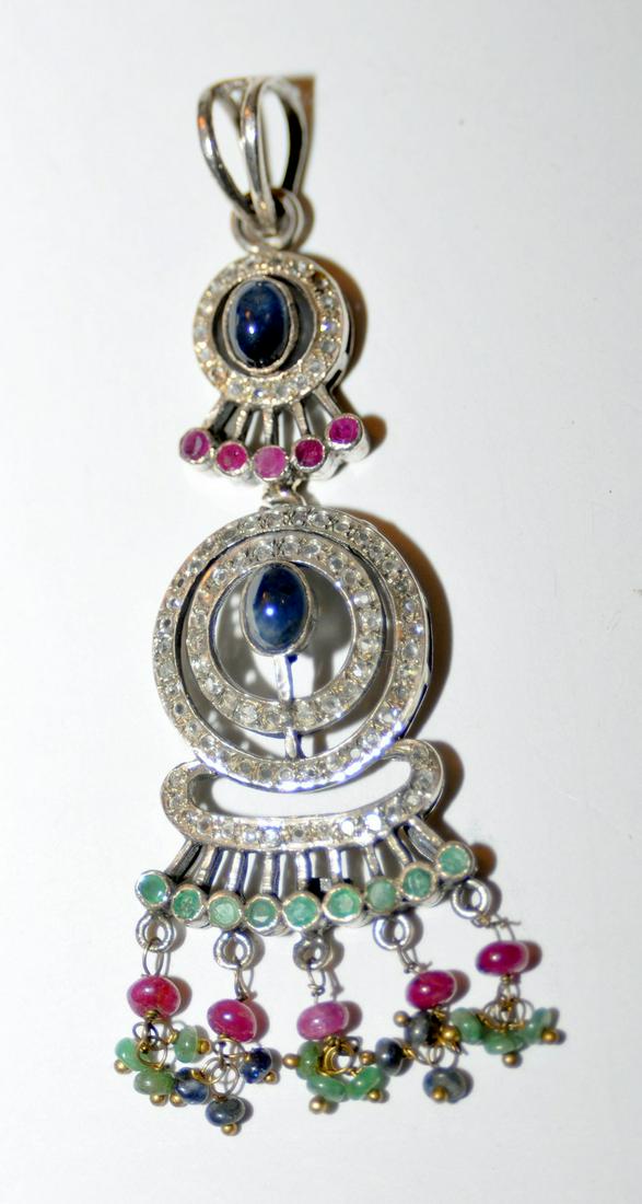 Sterling mogul sapphire pendant: Sterling mogul style pendant with cabochon sapphires , emeralds, and rubies vintage - traditional mogul style - cabochon sapphire is bezel set - about 6 x8 mm - approx. 3 inches