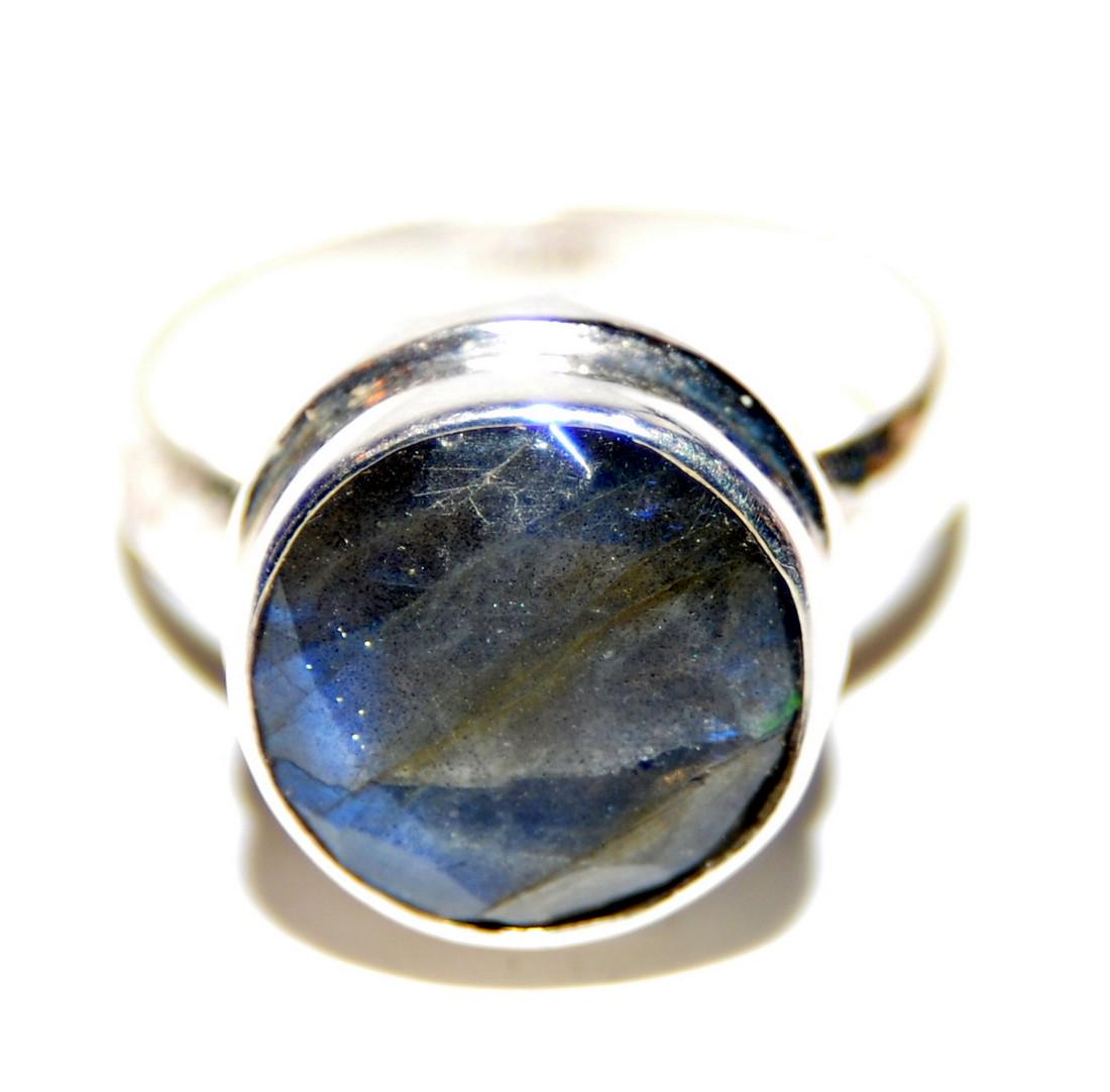 Labradorite sterling ring blue round: Labradorite sterling ring with round stone bezel set approx. size 8 - stone has lots of color change capability