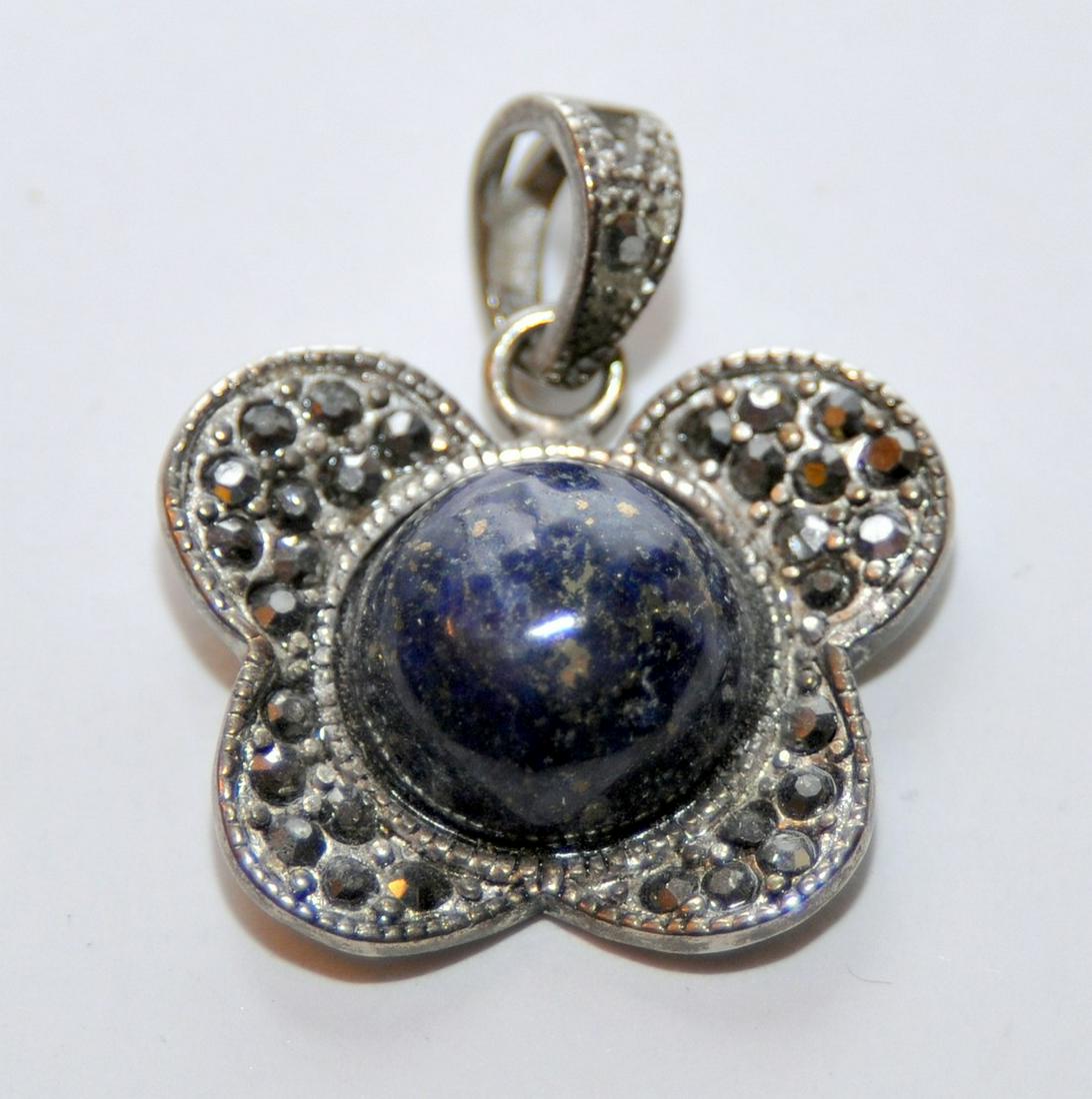 Pendant marcasite butterfly lapis: Butterfly lapis center pendant with marcasites surrounding central gemstone -about 1 inch diameter and cabochon is approx. 20 mm