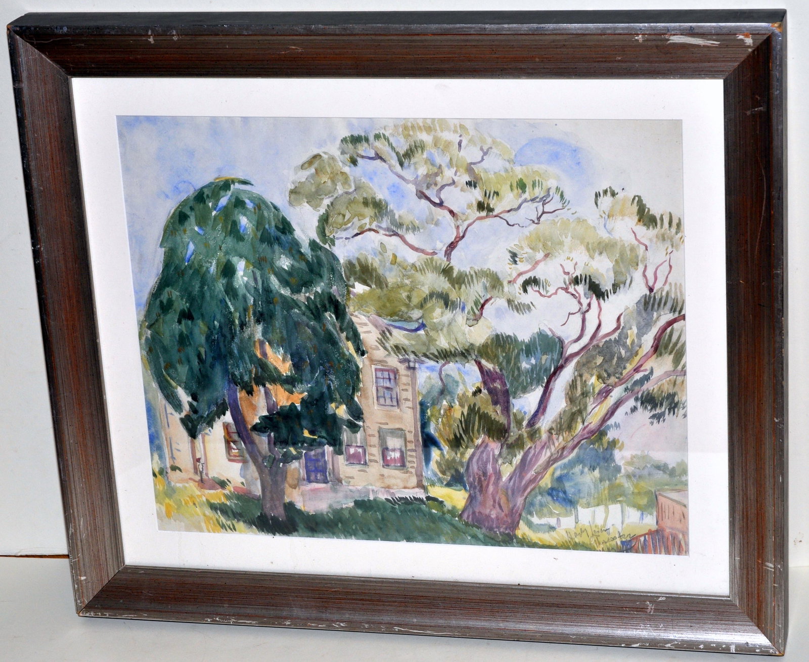 Hayley Lever watercolor Gloucester MA: Richard Hayley Lever(1876-1958) Watercolor of Gloucester named and dated signed with beautiful scenery, house and labelled with Clayton Liberatore Galleries, Bridgehampton NY on reverse. Framed size a