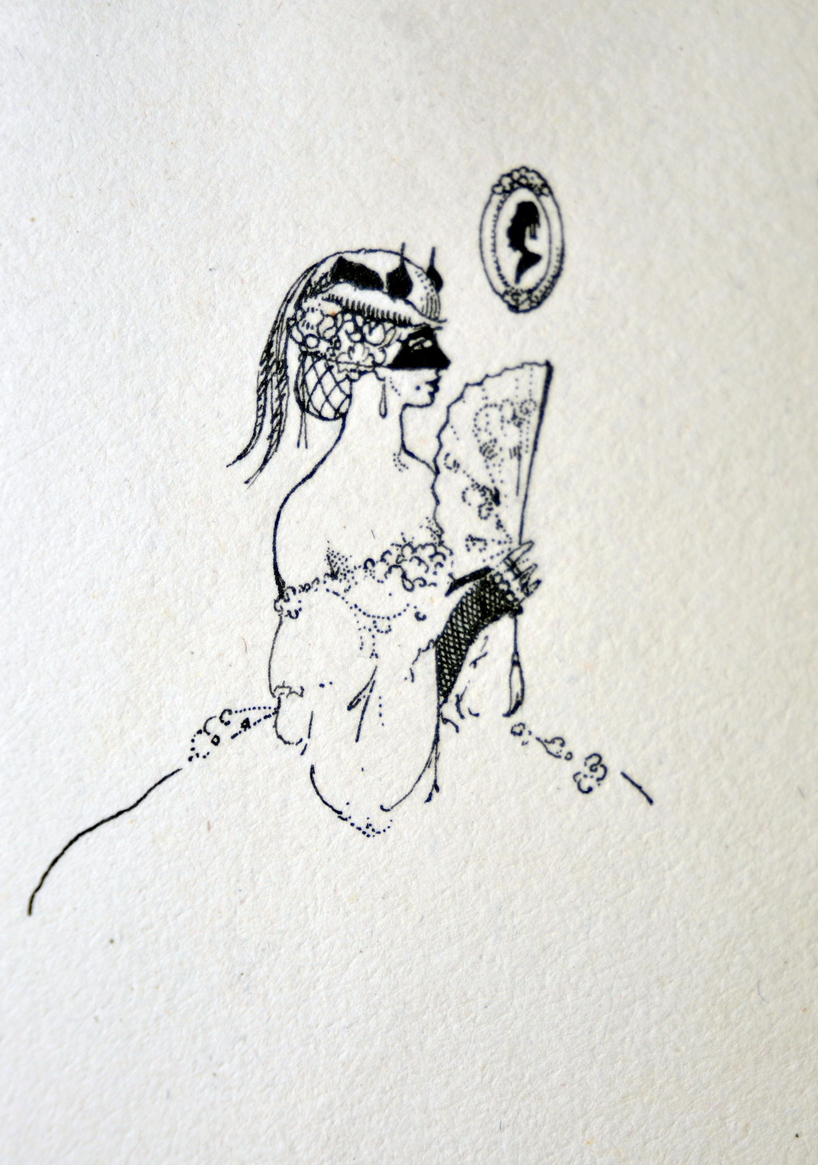 Ernest Haskell black ink woman drawing: Ernest Haskell. Side profile of woman with mask in black ink, c. 1920 . About 9 1/2 x 7 inches