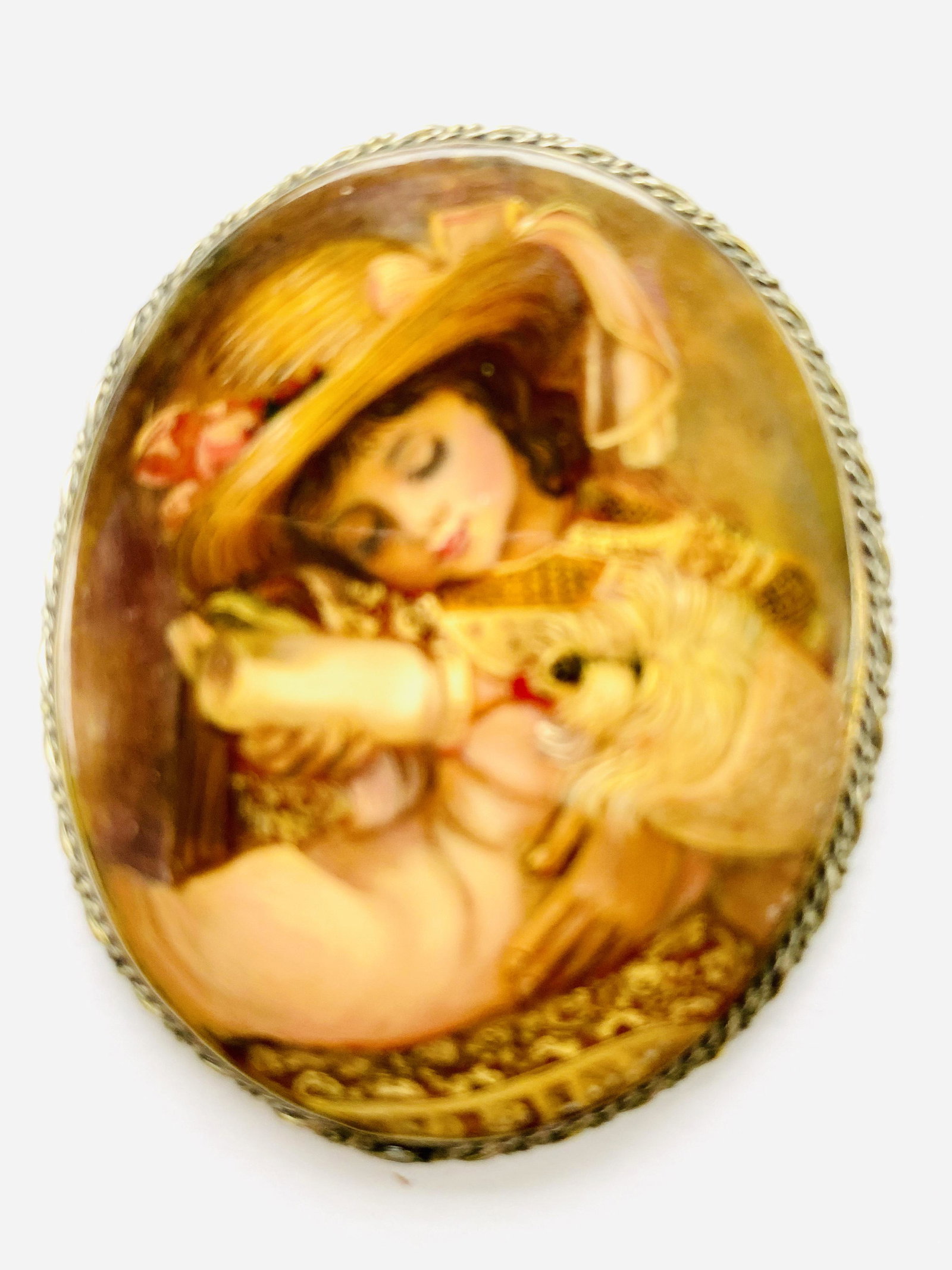 Russian signed oval pin hand painted: Girl with dog hand painted Russian custom oval pin with girl holding dog and feeding him bottle. Very well done with vibrant colors . About 2 inches high and 1 3/4 inches high.