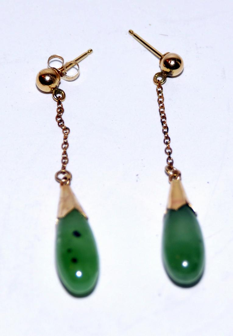Jade teardrop earrings gold tone: Jade/jadeite earrings in teardrop shape - one back present and back is marked 14k -about 1 inch long