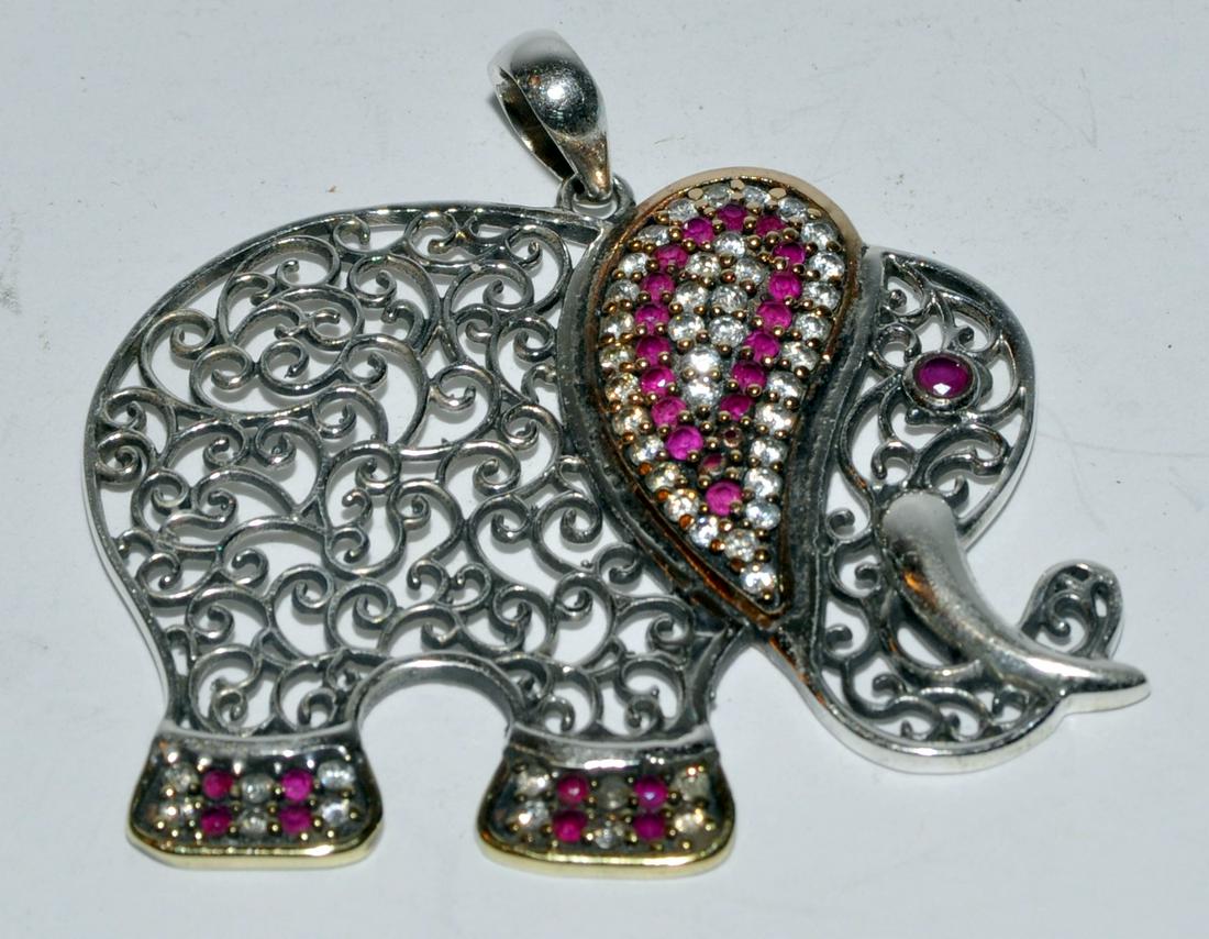 Sterling elephant pendant rubies: Sterling elephant piercework pendant with custom filigree design and ruby eyes and feet - 30 prong set rubies - vermeil - about 1 3//4 diameter