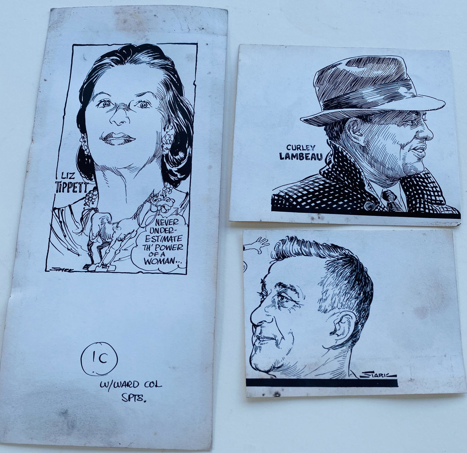 Bruce Stark signed comic original art: Original comic drawings signed by Bruce Stark artist for NY paper. 3 drawings signed of famous people.