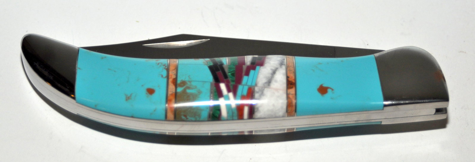 Southwestern knife turquoise inlaid: Turquoise gemstone inlaid knife with case - stainless steel made in N. Mexico - southwestern design -about 8 1/2 inches - mint original