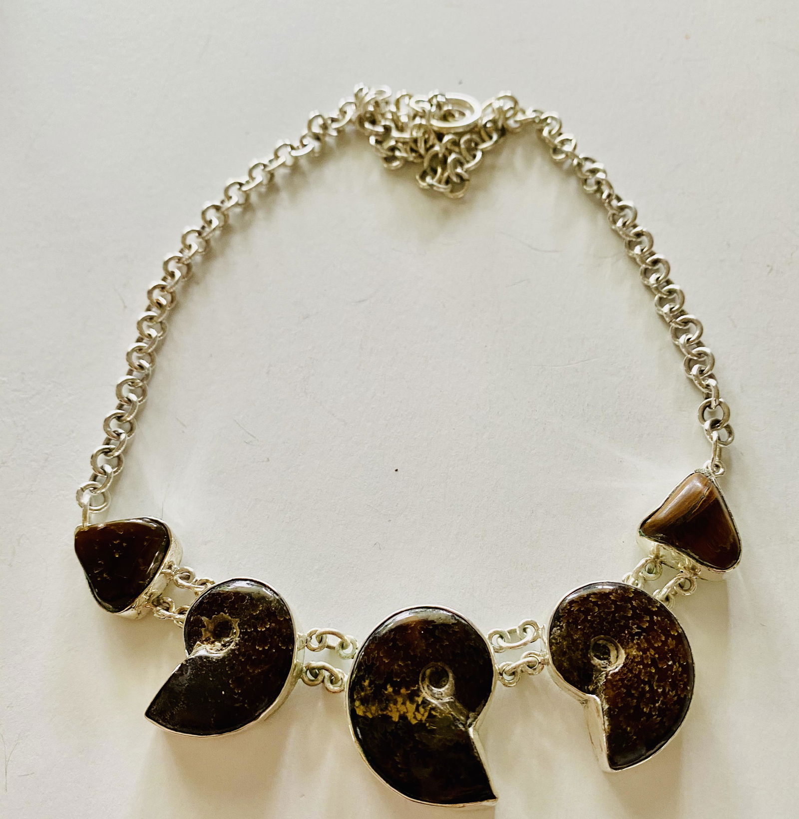 Sterling ammonite necklace fossils: Fossil ammonite necklace with graduated fossils well matched and beautifully polished - custom one of a kind -about 20 inches and good condition.