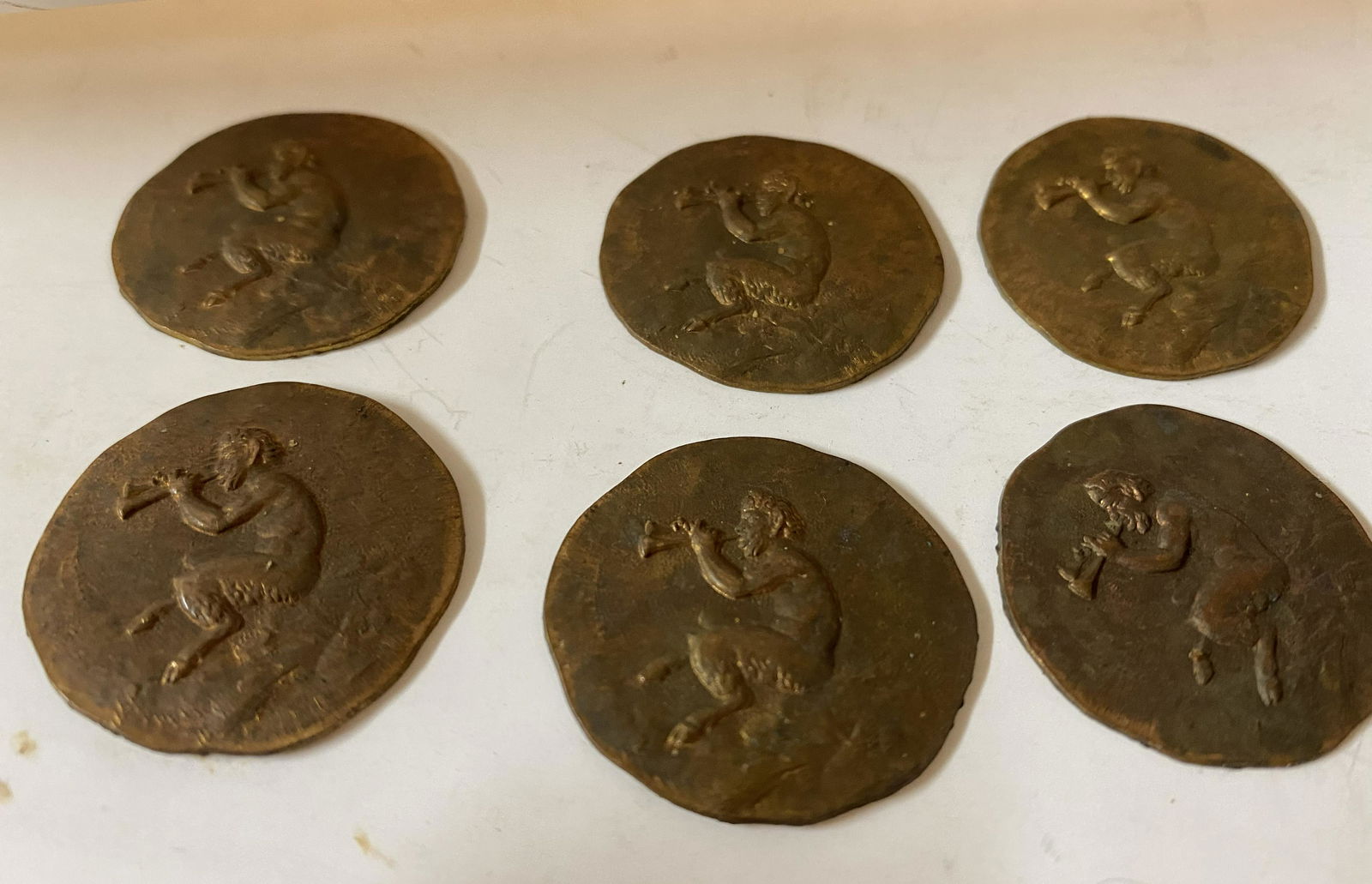 Six brass copper pan round coins/medals (1 of 3)