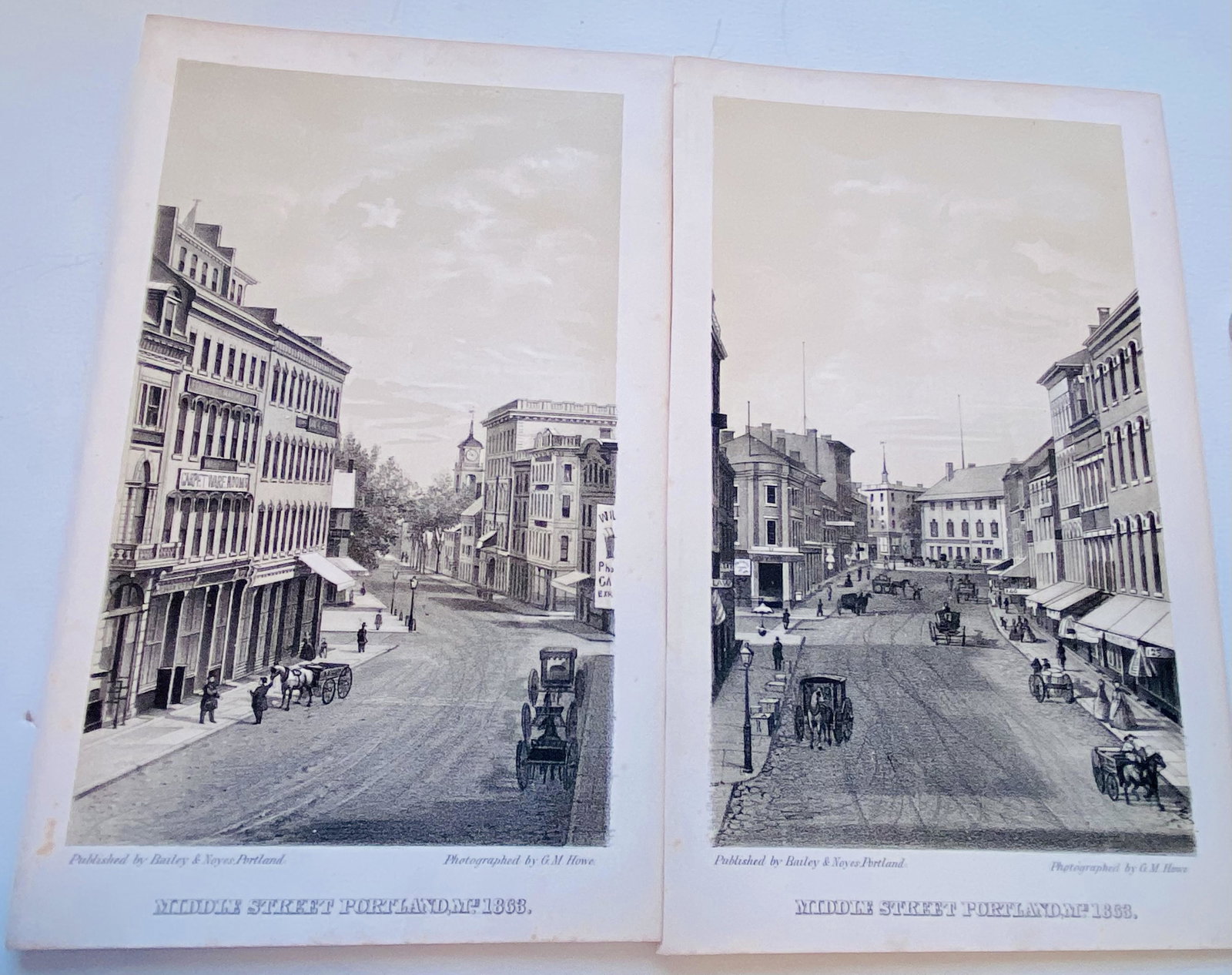 Prints of Portland Maine: Dated 1866 and 1853 showing Portland Maine major street with horse and wagons - 2 prints photographed by Howe and Published by Bailey and Noyes.