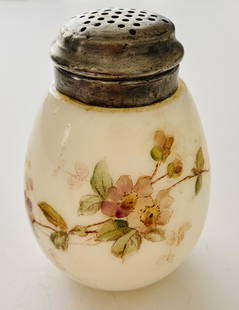 Sugar shaker antique metal top: Floral hand painted sugar shaker with metal shaker top - milk glass shaker about 6 inches high.. Nice condition.