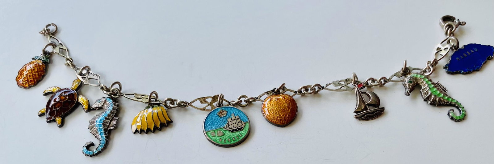 Sterling enamel sea life bracelet: Enamel sea charms on sterling bracelet - each charm marked sterling - seahorse, shells, turtle, island charms - adorable and great condition