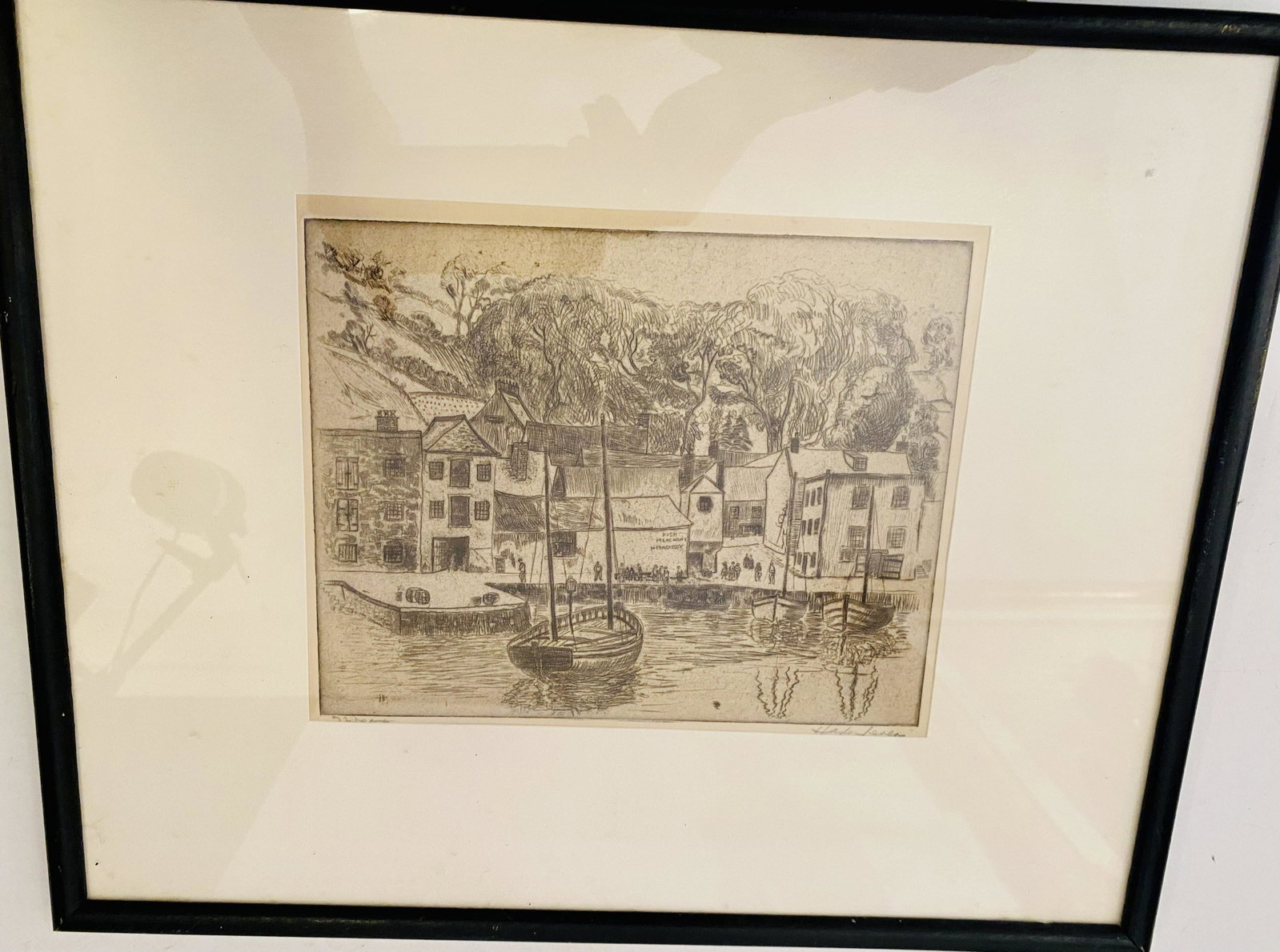 Hayley Lever etching signed framed -Cornwall: Framed signed Hayley Lever ( ROI- RBA, NA) etching on copper 8 x 6 inches titled Mevagessey Fishing Port, Cornwall, England 1927 . Nice condition - Provenance - Clayton Liberatore Galleries, Bridgeham