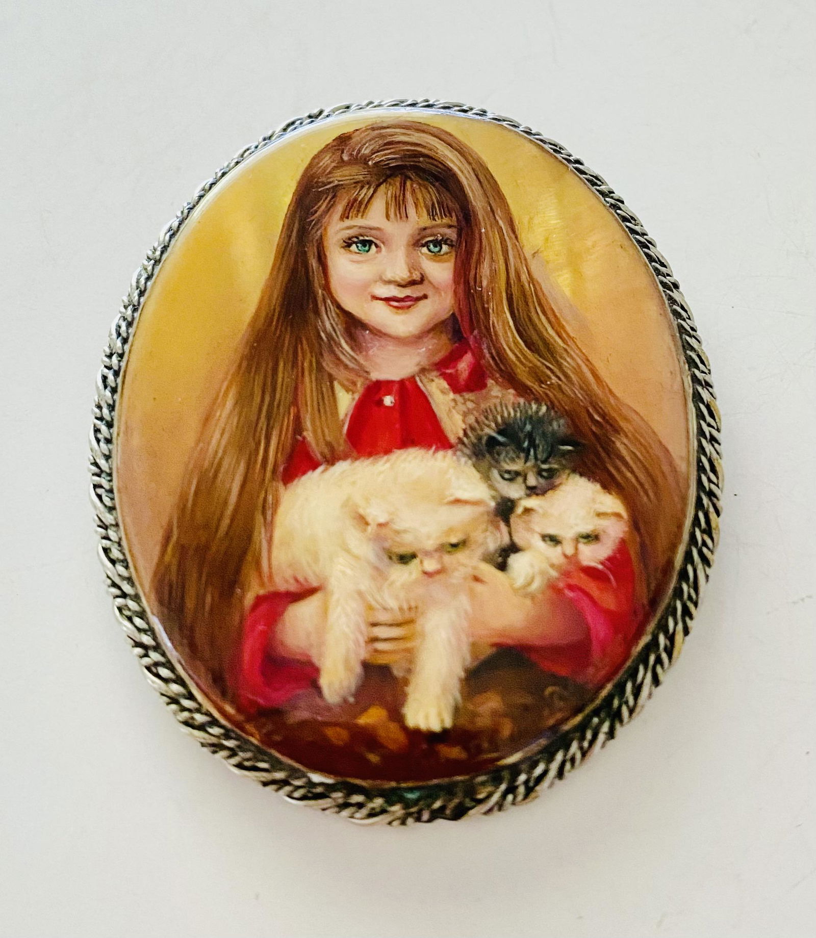 Russian hand painted pin girl/cat signed (1 of 4)