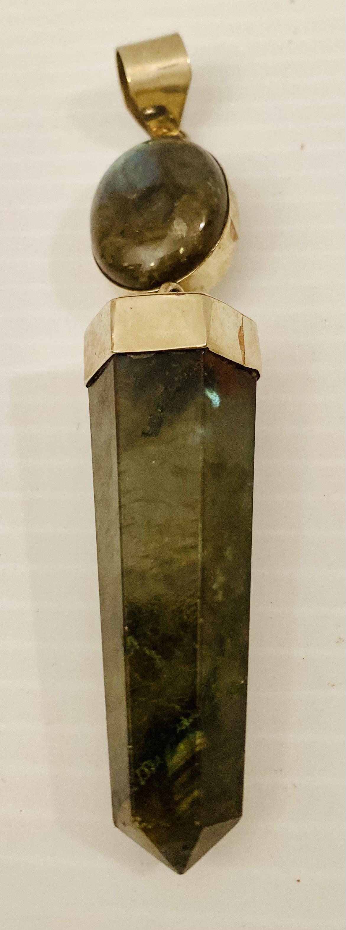 Labradorite 2 piece pendant: Custom labradorite double pendant with round bezel set labradorite in top and connected to long labradorite cut and polished in bezel setting- about 3 inches -- nice!!