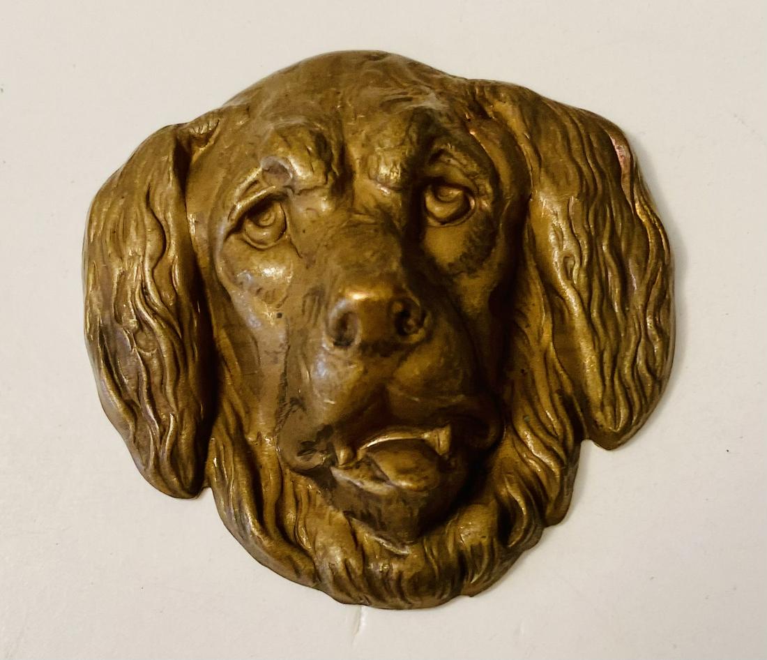 Dog copper repousse antique: Dog possible golden retriever repousse copper decoration about 1 1/2 inches across- Nice condition.