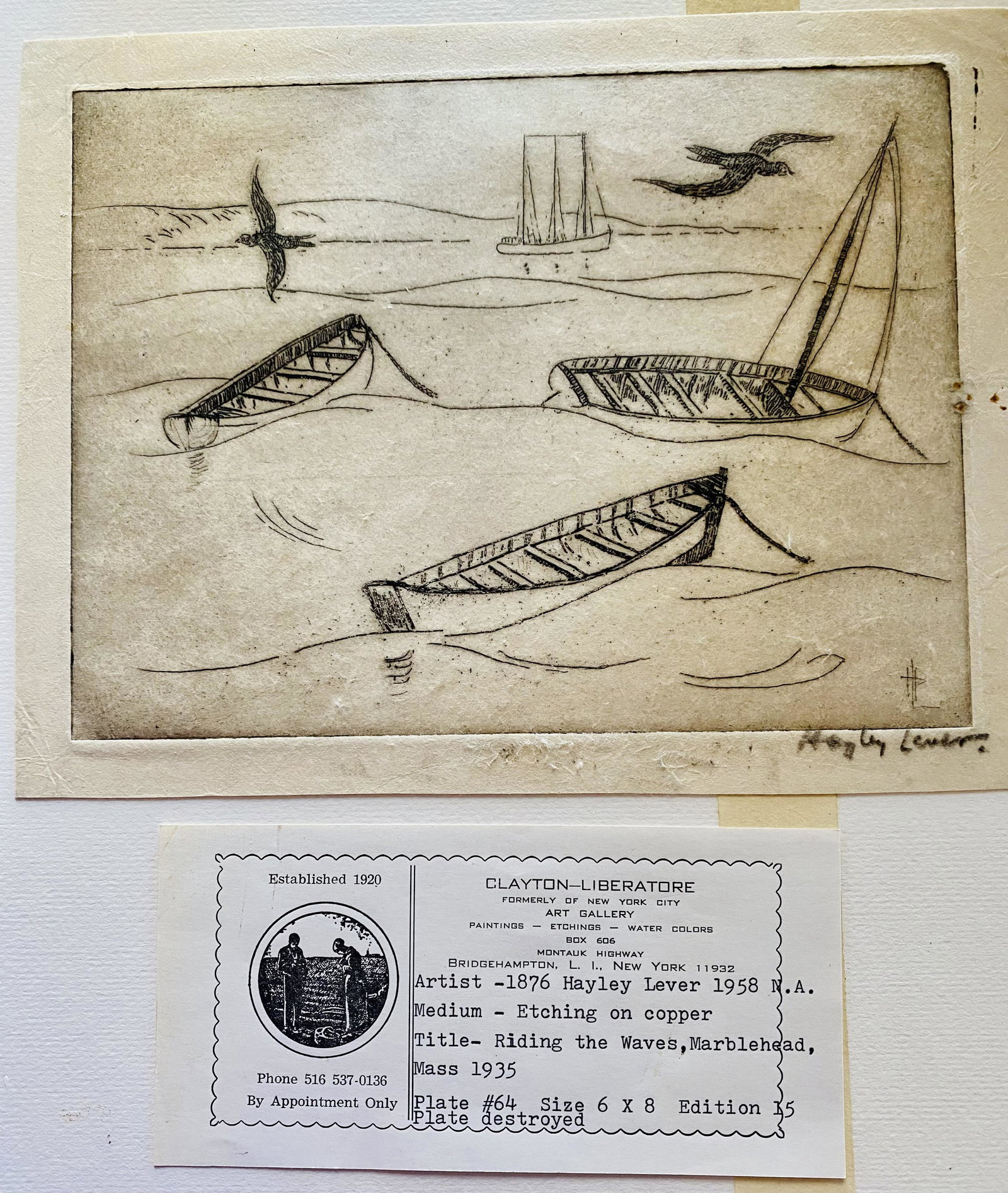 Hayley Lever signed etching - Marblehead: Hayley Lever( 1876-1958) signed etching on copper . Titled Riding the Waves, 1935 . Marblehead, Mass. About 6 x 8 inches site. Provenance: Clayton Liberatore galleries, Bridgehampton,NY