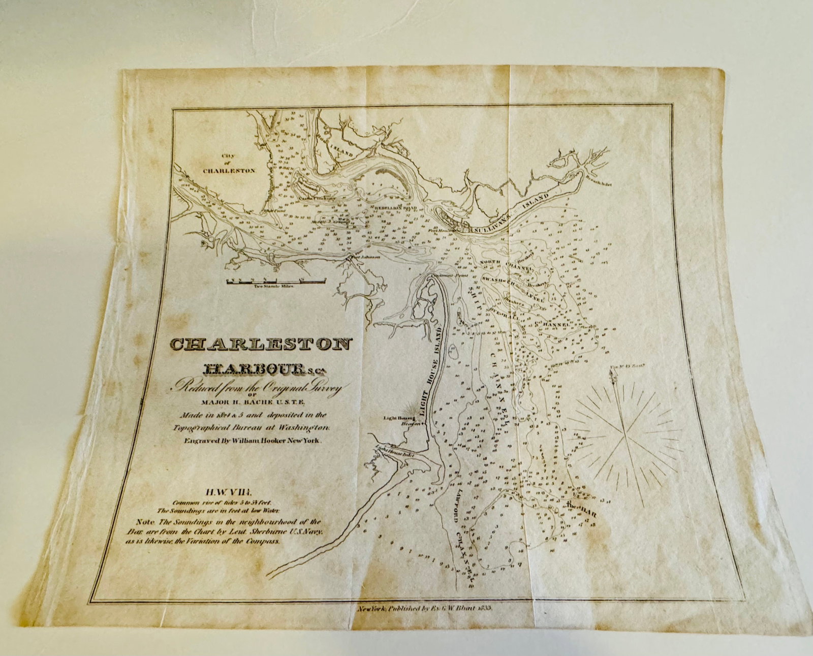 Charleston Harbour map- Blunt 1833 map: Charleston Harbour map marked from New York published by E and G W. Blunt 1833. Engraved by William Hooker