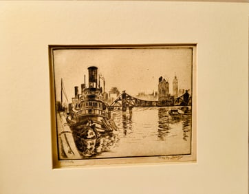 Richard Hayley Lever (1876-1958) etching signed Newtown Creek, NY