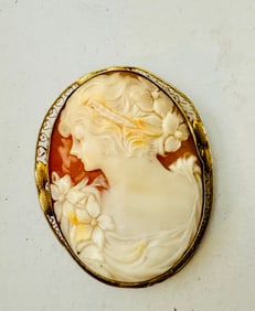 Victorian cameo shell pin 14k filigree setting