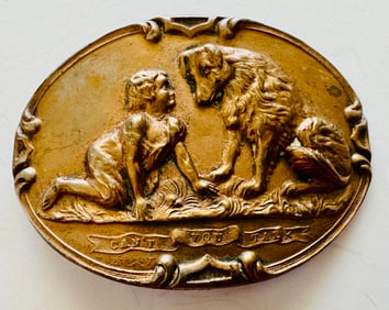 Oval vintage brass clip/girl and dog