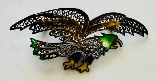 Sterling filigree antique eagle pin enamelled