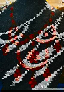 Ruby sterling necklace princess design: Large sterling ruby princess fancy necklace with large native ruby gemstones in layers bezel set. About 25 inches plus and condition is as shown. All stones present and color is matched well.