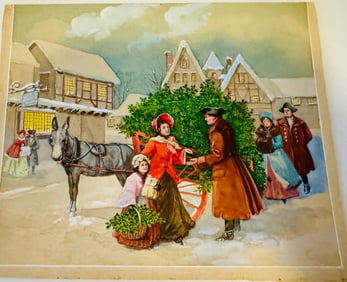 Christmas street scene antique watercolor
