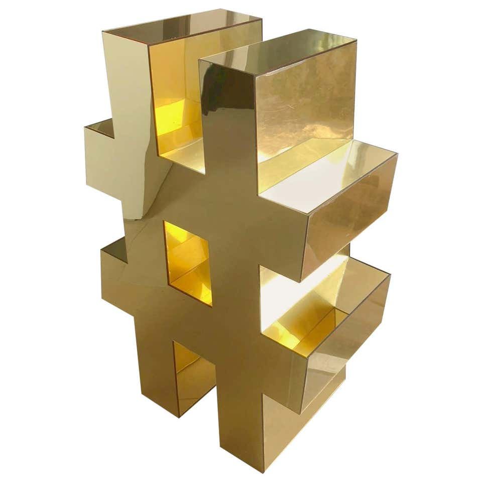 Gold Lucite Hash-Tag Table Base: Beautiful and unique hash-tag base in golden Lucite finish, the piece is in excellent condition and it can be used as a stand alone piece or as a table base.Measurements:28" high x 18" wide x 12" deep