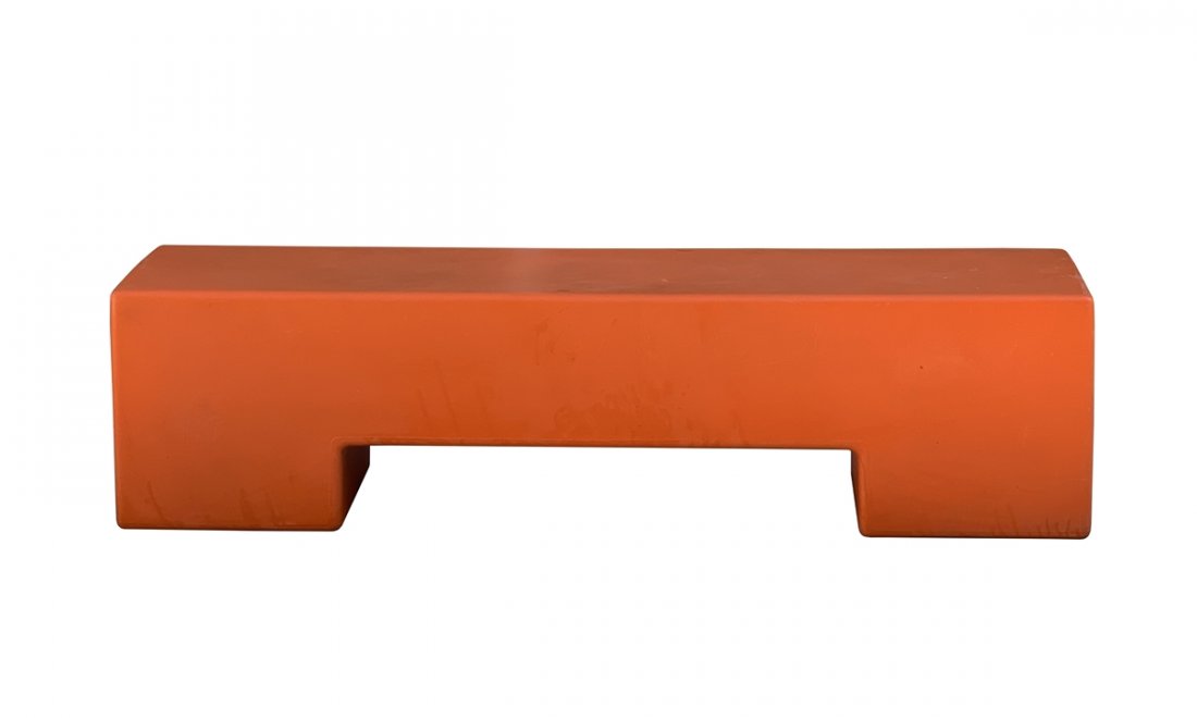 "Pankotto" Outdoor bench by Bruno Rinaldi: Italian Sintesi Pankotto orange bench, design by Bruno Rainaldi (Italian,1952-2011), polypropylene for indoor or outdoor use, 17" high, 67" lenght, 15.5" deepThere are watermarks that wheren't quite d