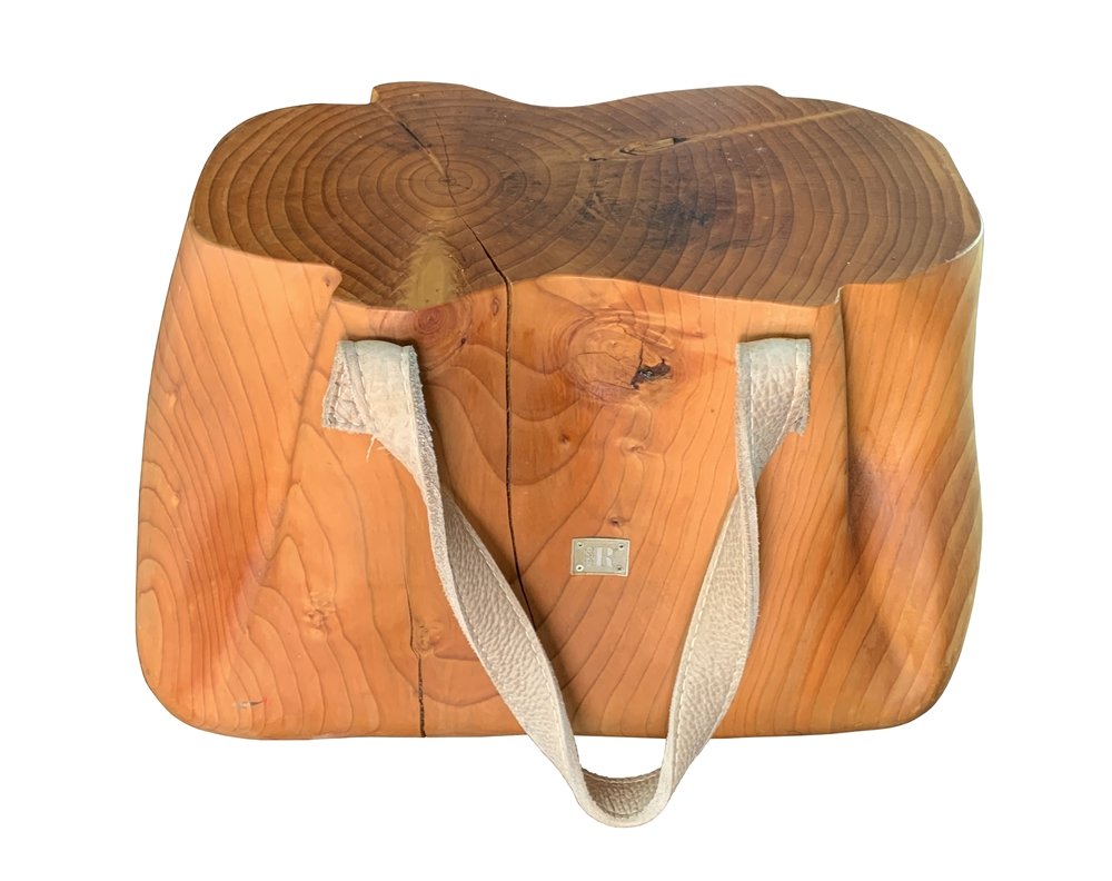 Mondana Riva 1920 Stool, Made in Italy: Mondana designed by AmeBe for Riva 1920 is a stool made of cedar with leather handles. Stool made from a single block of aromatic cedar that is inspired by a favorite and indispensable object in the f