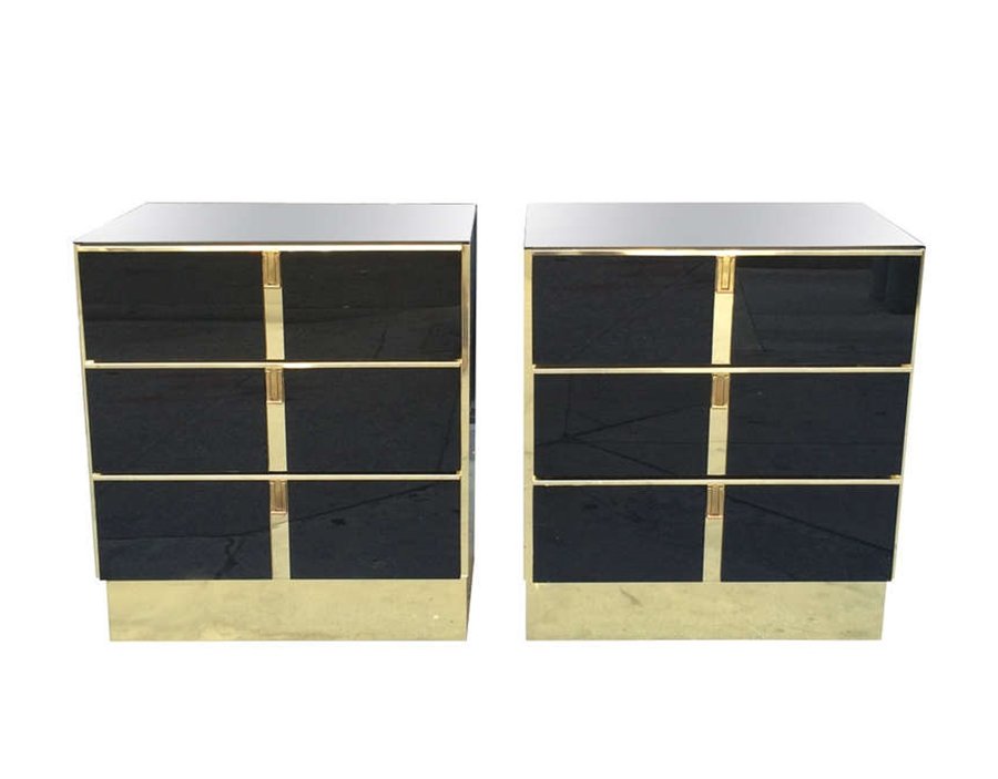 PAIR OF BRASS & BLACK GLASS NIGHT STANDS OR DRESSERS (1 of 6)