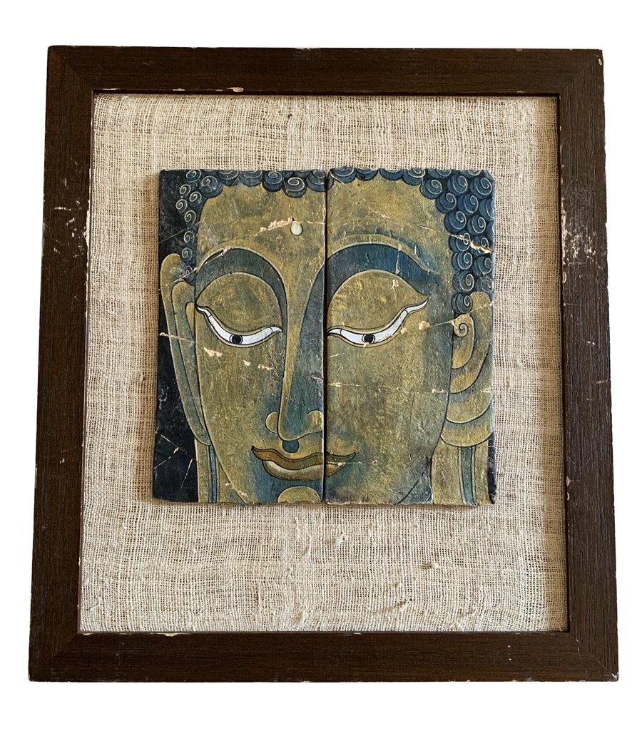 Vintage Painting of a Hindu God: Beautiful vintage painting of a Hindu God done in tiles, the tiles seem to be found pieces put together or broken on purpose, the paiting shows beautiful colors and hues of gold, green, black and dark