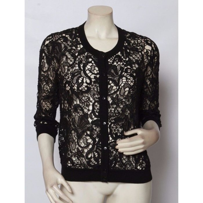 Black Lace Top by Rondina , Size L: Lace cardigan sweater with bracelet length sleeves, good to excellent condition.Designed and manufactured by Rondina.