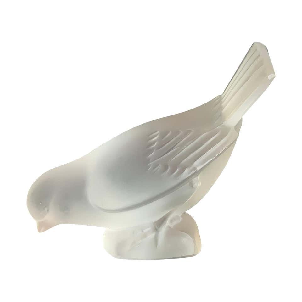 Lalique Crystal Sparrow with Head Down: Lalique frosted crystal sparrow with head down. Signed "Lalique France" on the base and guaranteed authentic. Dimensions: About 3.75 inches tall x 4.75 inches long x about 2.5 inches deep. Lalique's l