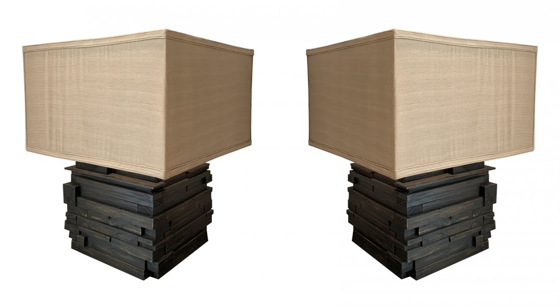 Pair of Modern Table Lamps With Sacked Wood Bases (1 of 4)
