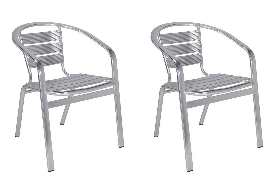 Set of 2 Polished Aluminum Chairs: Nice pair of polished aluminum chairs, used condition with some dings and scratches. This lightweight, stackable chair features a curved slat back and seat with integrated arms. Support braces under t