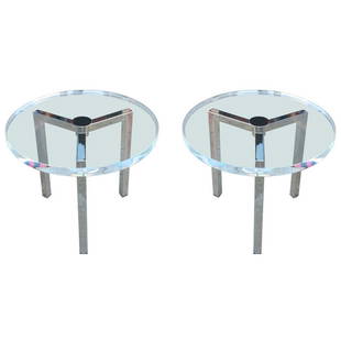 2 Lucite & Nickel Side Tables by Charles Hollis Jones: Beautiful pair of Lucite and nickel side tables designed by Charles Hollis Jones for Arthur Elrod. The tables are made out of nickel with a 1 1/2 inch thick Lucite tops.The tables are in excellent con