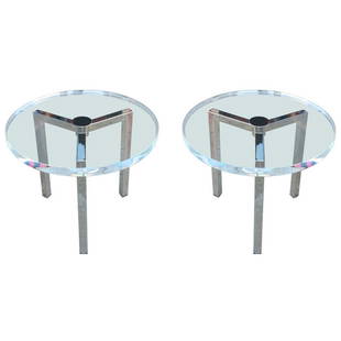 2 Lucite & Nickel Side Tables by Charles Hollis Jones: Beautiful pair of Lucite and nickel side tables designed by Charles Hollis Jones for Arthur Elrod. The tables are made out of nickel with a 1 1/2 inch thick Lucite tops.The tables are in excellent con